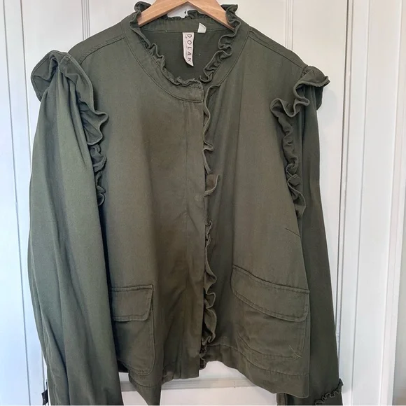 Anthropologie Dolan Olive Green Ruffled Utility Jacket, Zip & Snap Closure, 3X - Picture 2 of 16